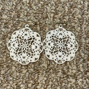 White Lace Mandala Earrings with Rhinestone and French Hooks